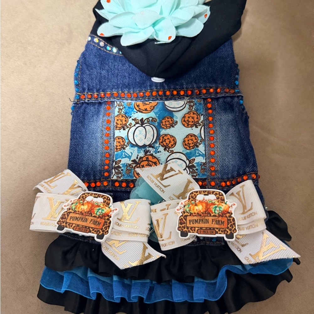 Denim Pumpkin Farm Dog Dress with Blue Accents